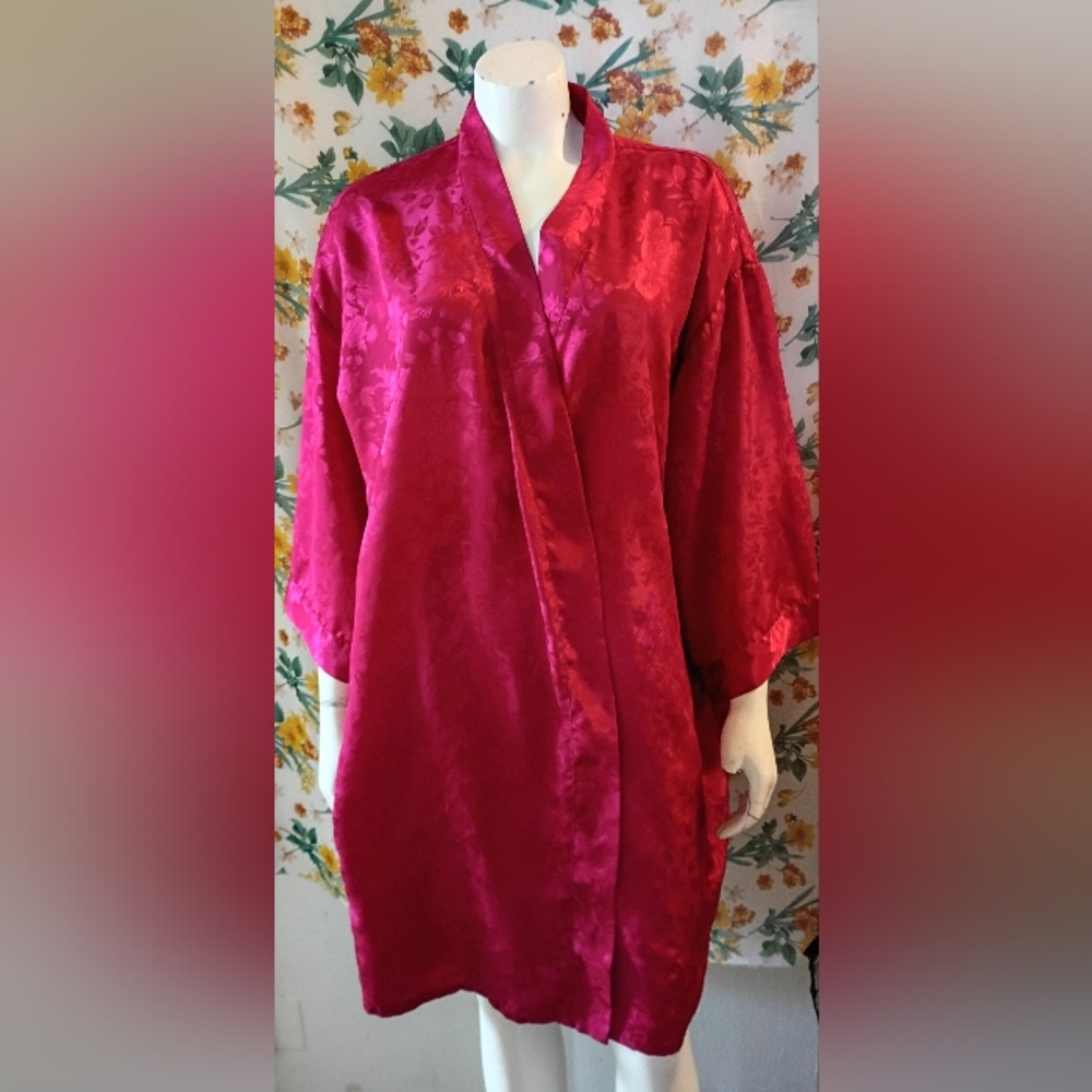Vintage Women's Cachet Red Satin Robe With Rose Pattern